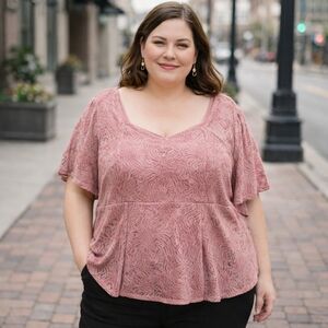 Addition Elle Boxy Pink Burnout Velvet Floral Pattern Peplum Blouse